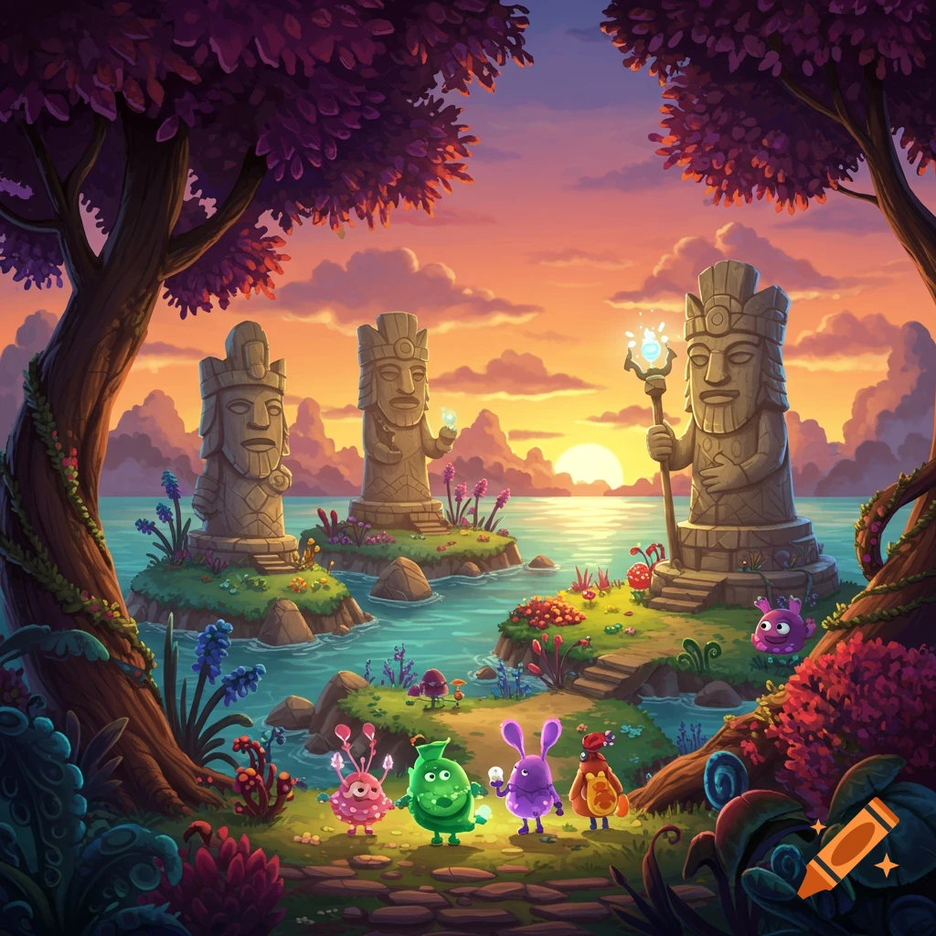 Colorful cartoon monsters stand before ancient stone statues on islands in a vibrant fantasy landscape at sunset.