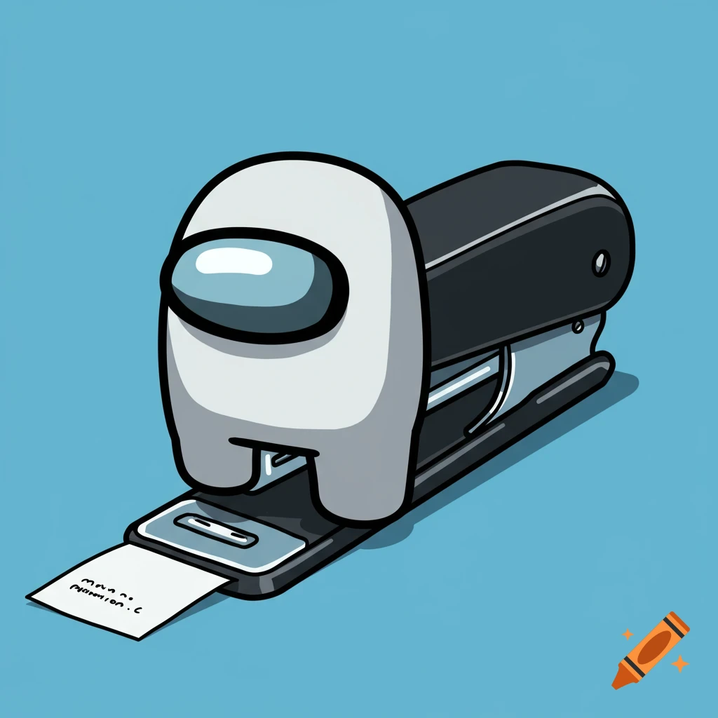 A white Among Us crewmate character integrated with a stapler is about to staple a piece of paper.