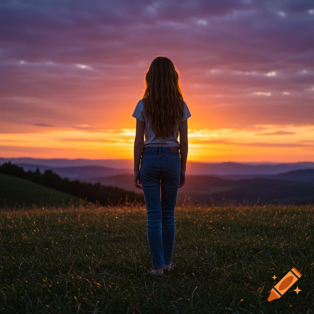 A girl stands on a grassy hill, looking out at a vibrant sunset over rolling hills.