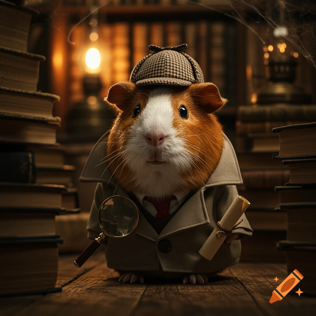 A guinea pig dressed as a detective with a hat, coat, magnifying glass, and scroll stands in a dimly lit library.