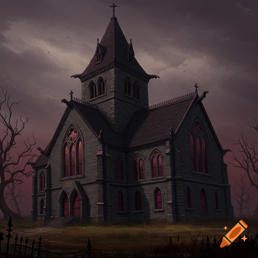 A gothic church with red-tinted windows under a dark, cloudy sky.