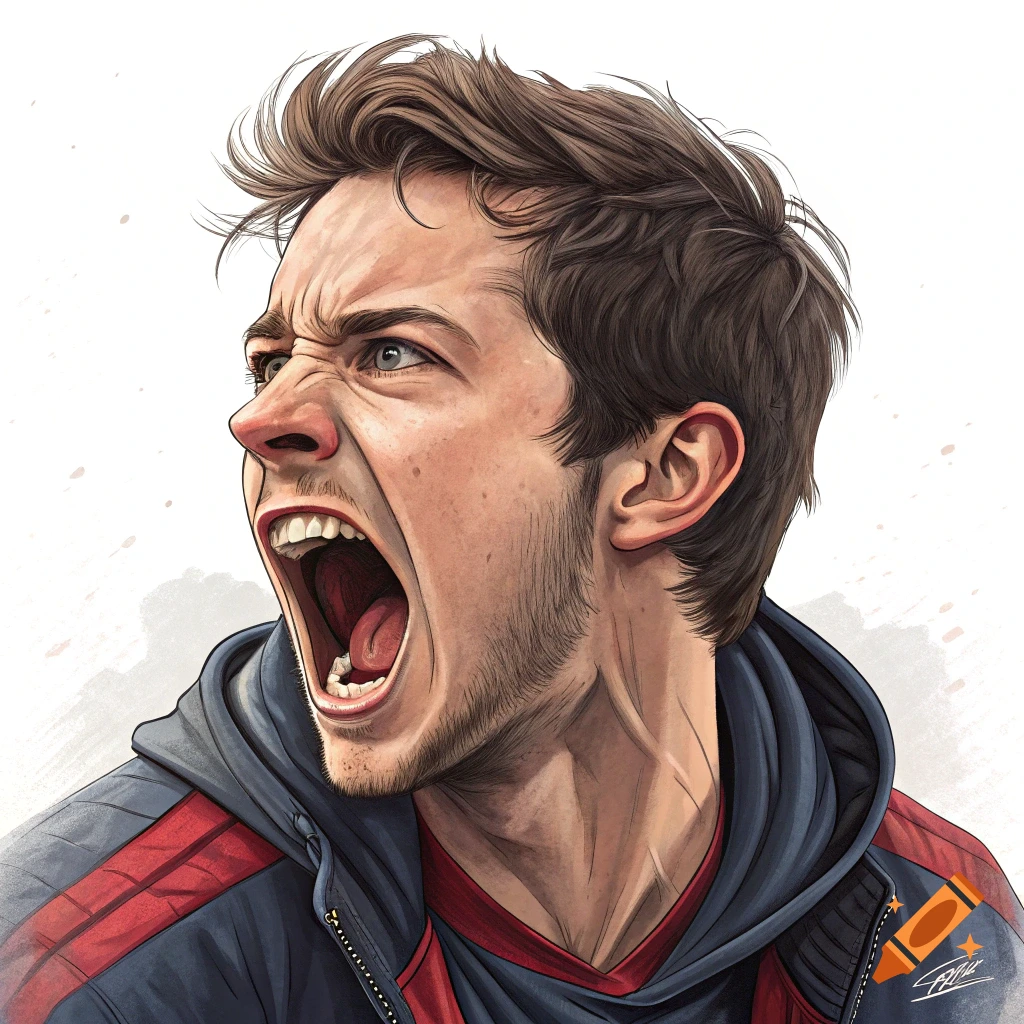 Stylized illustration of a man screaming, facing left