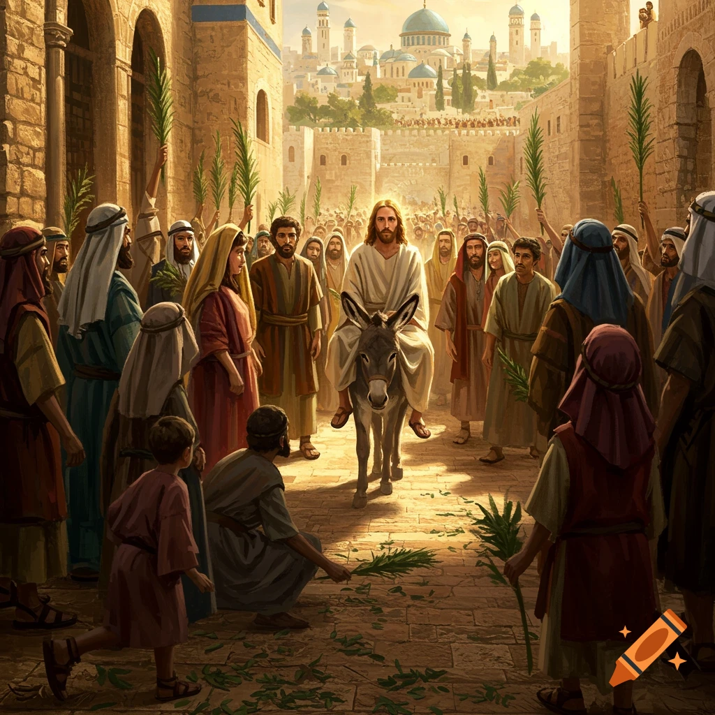 Jesus rides a donkey through a crowd waving palm branches towards a city.