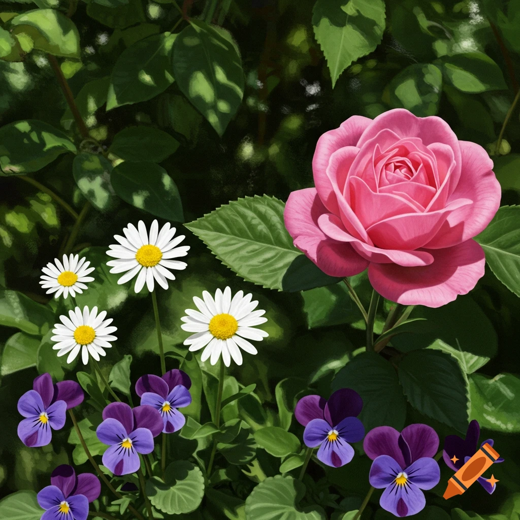 A pink rose, daisies, and purple violets in a garden.
