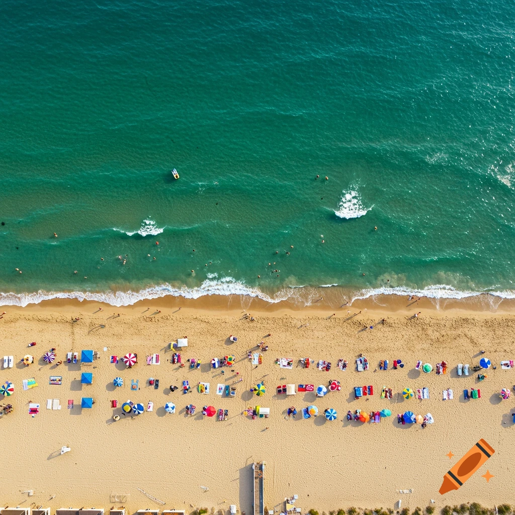 Aerial view looking straight down on a crowded beach with colorful umbrellas and people in the ocean.