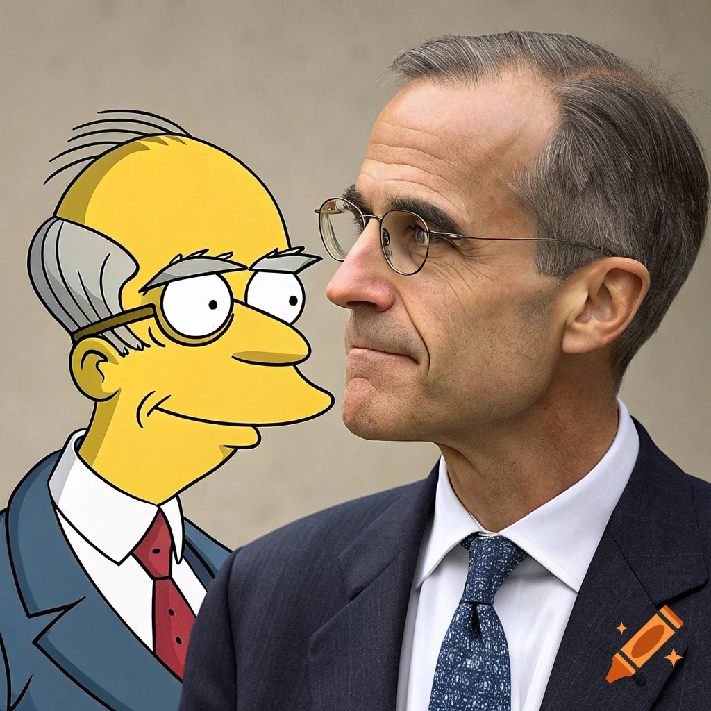 Cartoon Mr. Burns looks at a photorealistic portrait of Mark Carney.