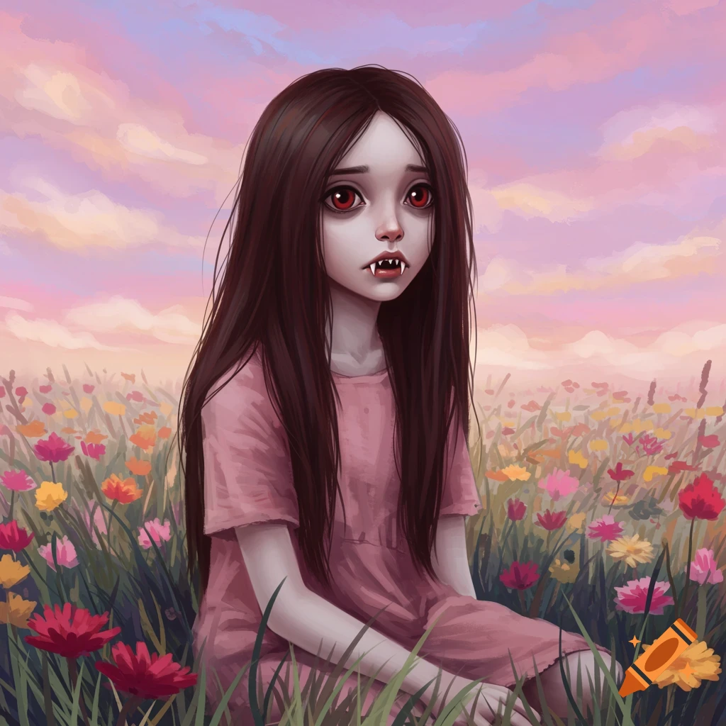 A young girl with fangs and red eyes sits in a field of colorful flowers under a pastel sky.