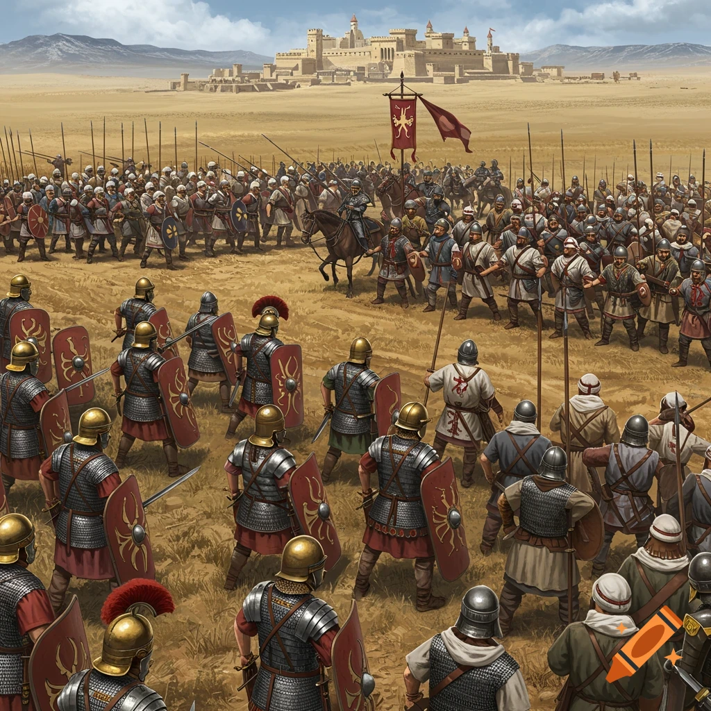 Roman legionnaires and other warriors face off in a field before a city.