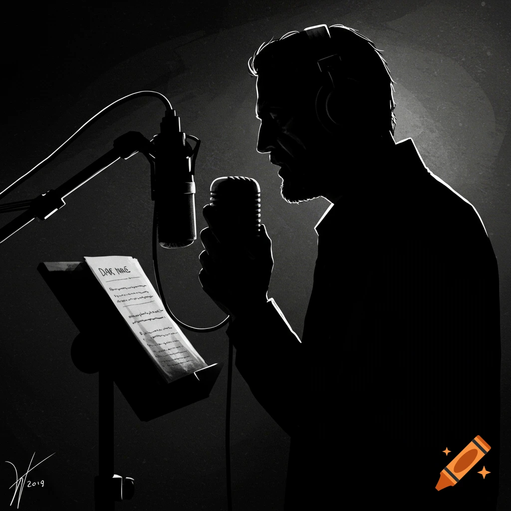 Black and white illustration of silhouetted figure in headphones at microphone in recording studio, reading script.