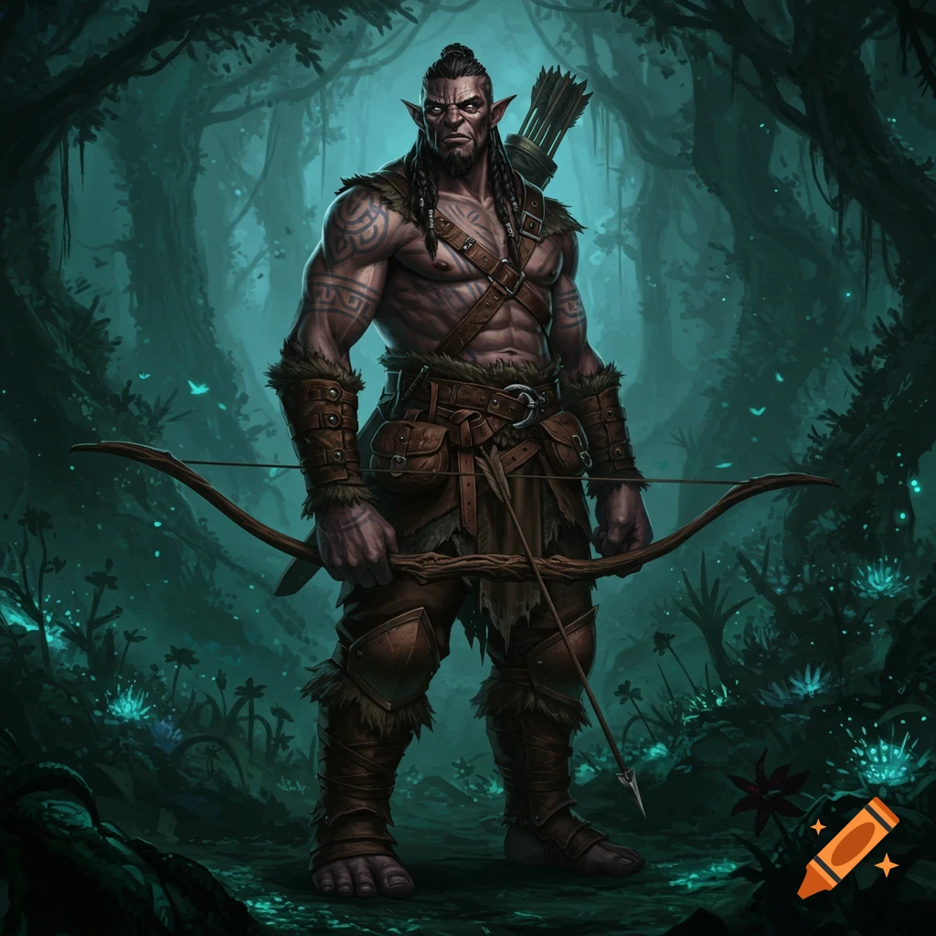 Muscular fantasy character with tribal tattoos holds a bow in a dark ...