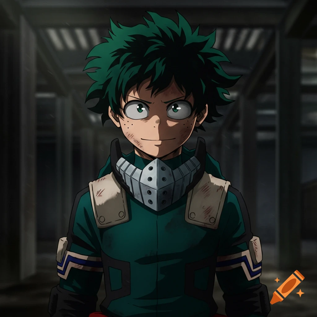 Anime character Izuku Midoriya with green hair and suit in a dark industrial setting