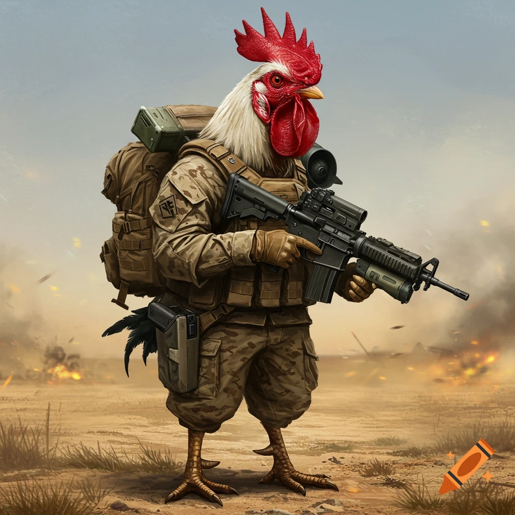 A rooster dressed in military gear stands in a desert landscape.