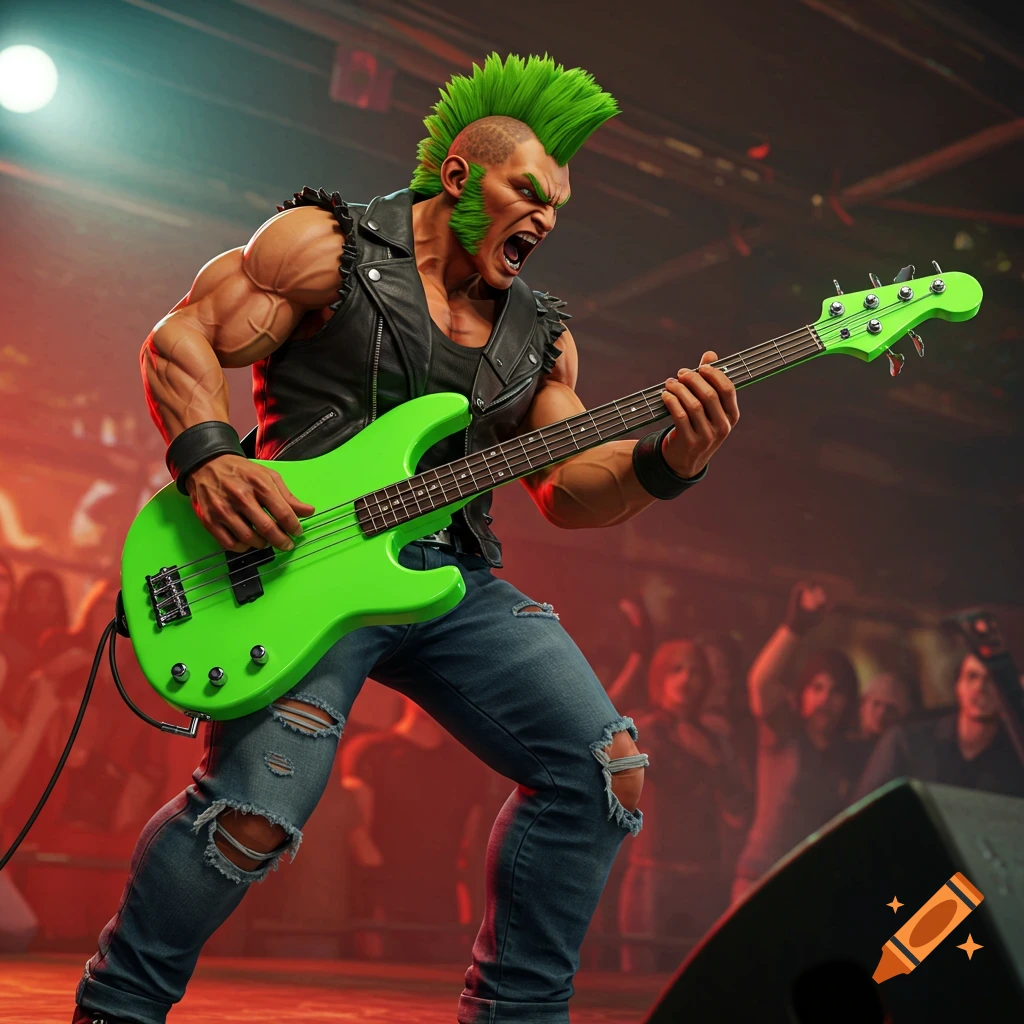 Stylized character resembling Blanka playing a green bass guitar on stage at a concert