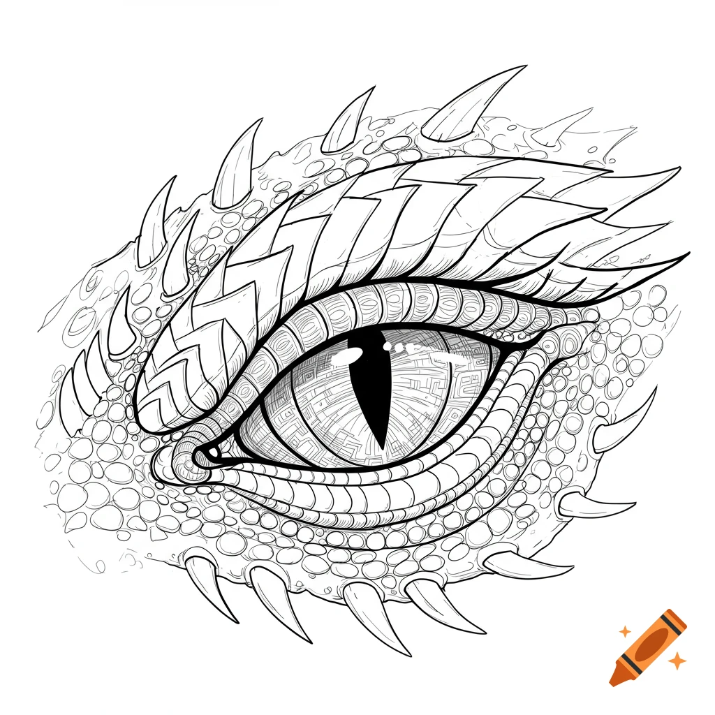 Black and white linework drawing of a detailed dragon eye with scales.
