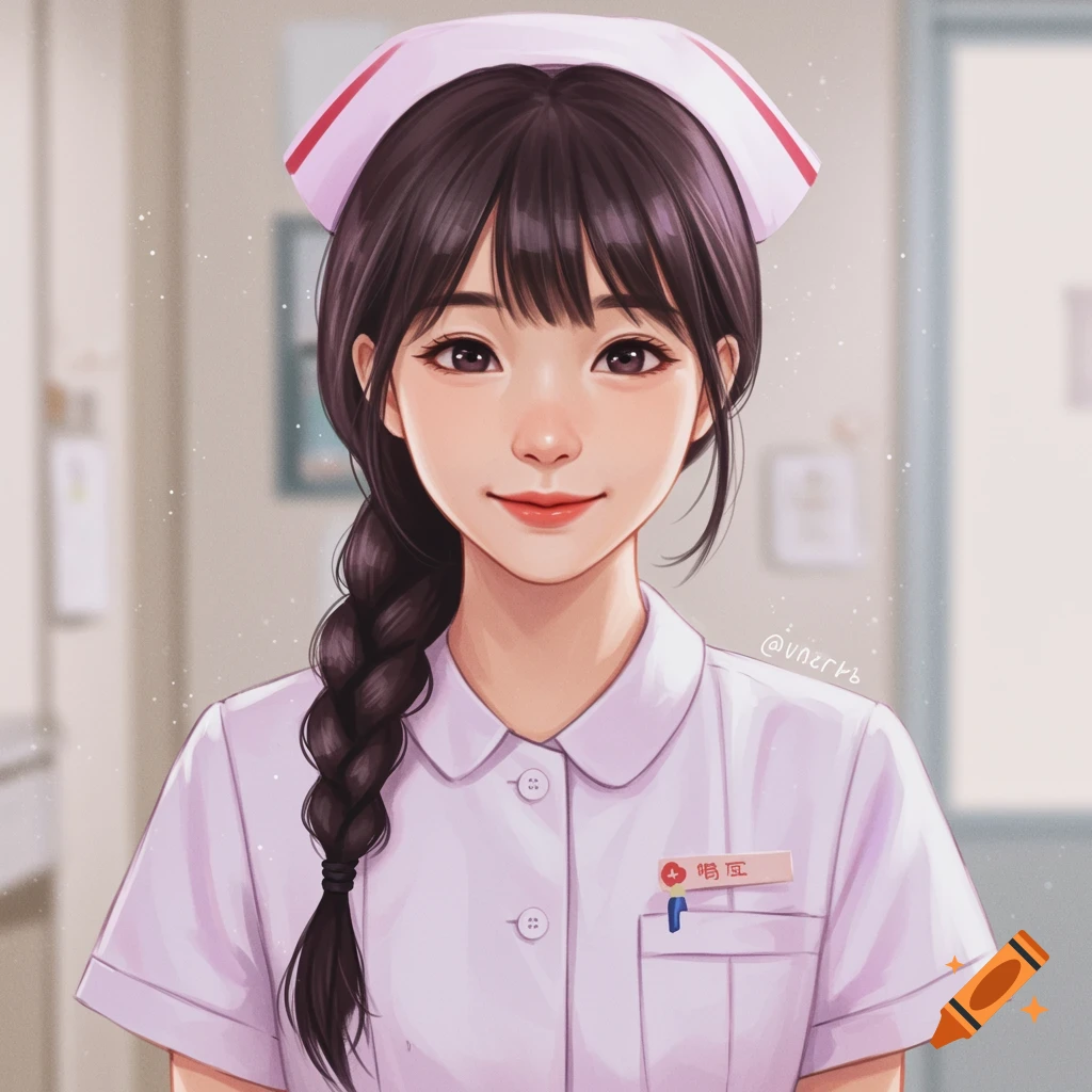 A young Asian woman nurse with a braid, wearing a white uniform and hat.