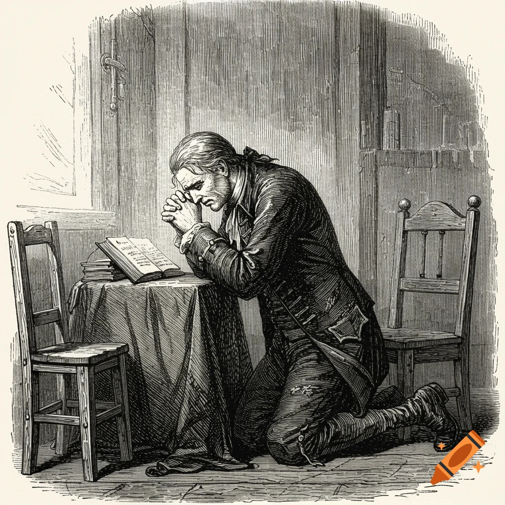 An 18th-century man in a coat kneels and prays over an open book on a table, in an engraving style.