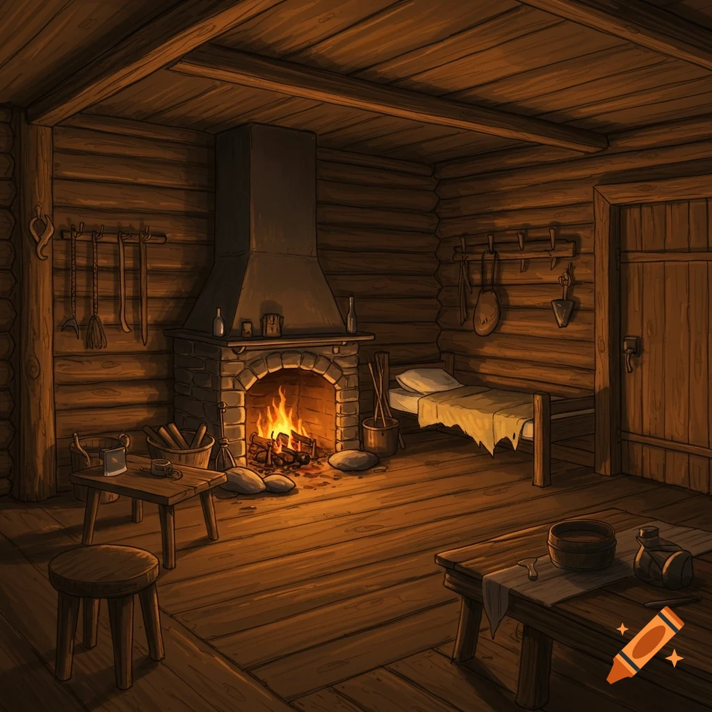 A detailed depiction of a rustic log cabin interior with a burning fireplace, wooden furniture, a bed, and tools hanging on the wall.