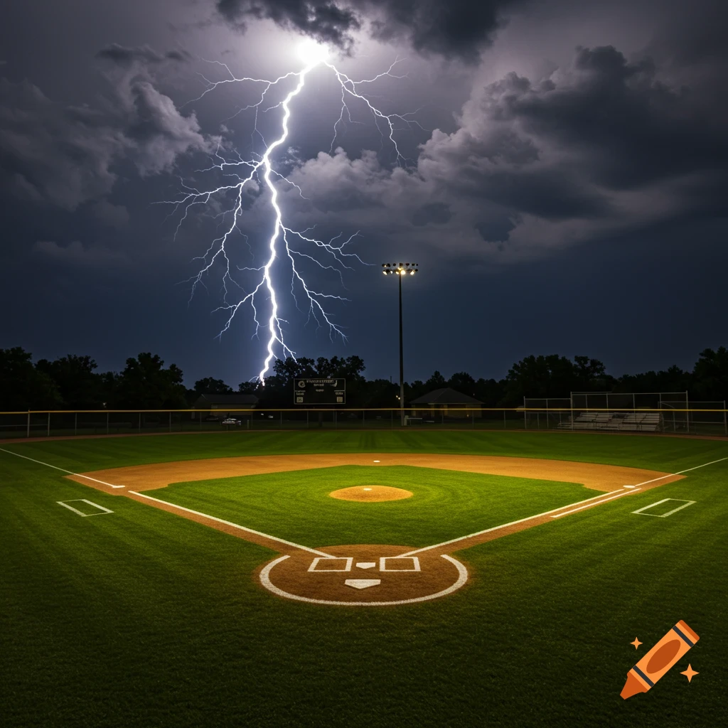 Baseball field at night during a lightning storm with a large bolt striking