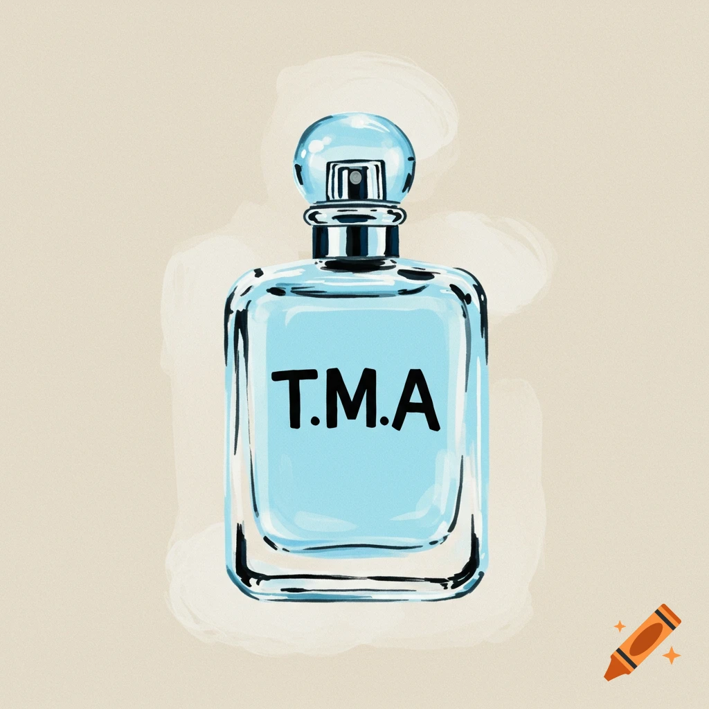 A baby blue perfume bottle with the letters T.M.A written on it.