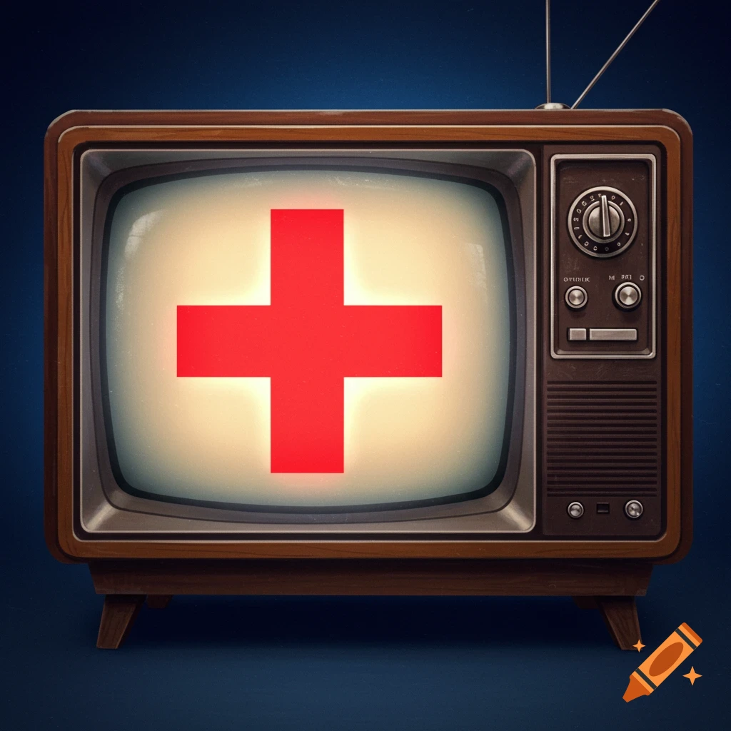Vintage television displaying a bright red cross
