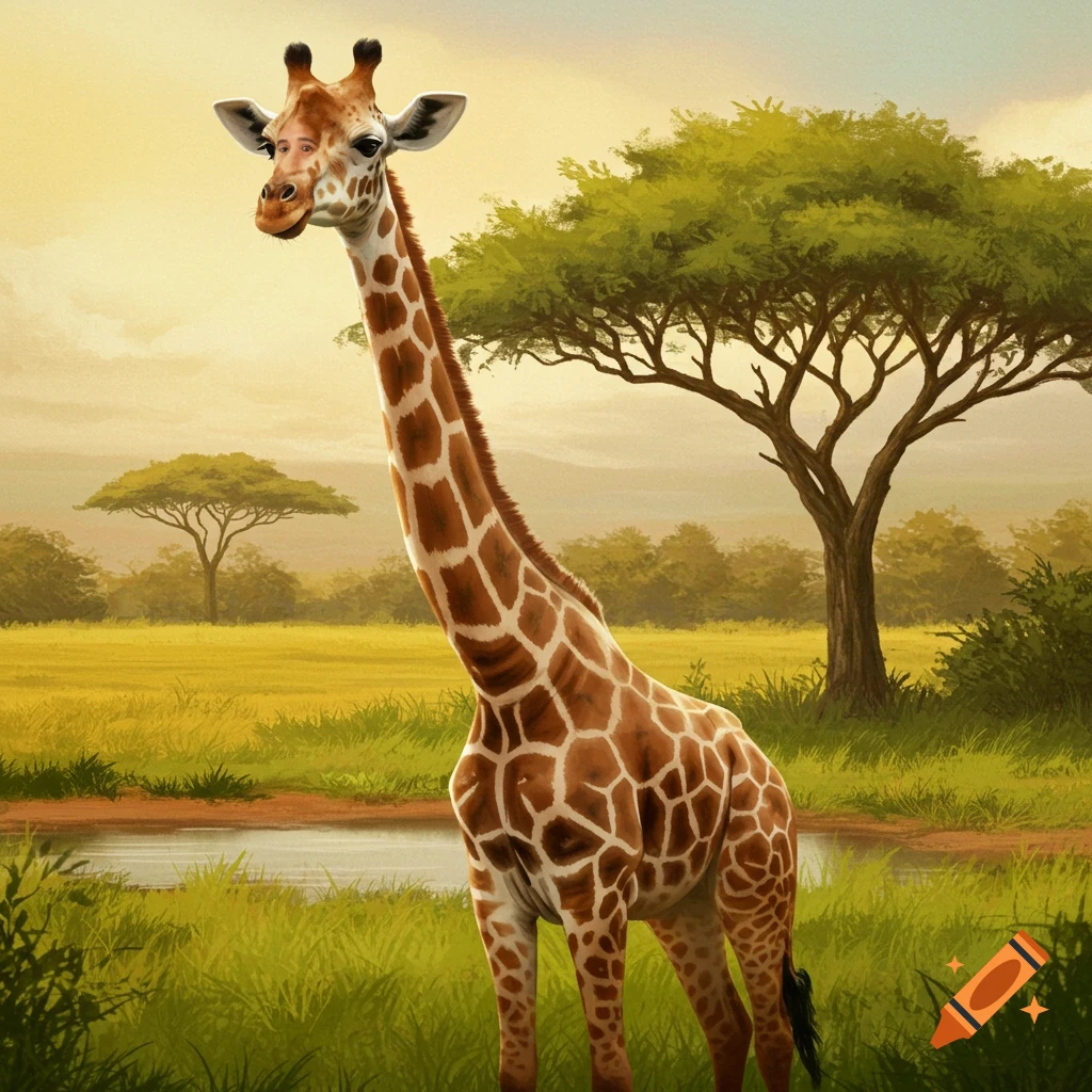 A giraffe in a savanna landscape with a human face.