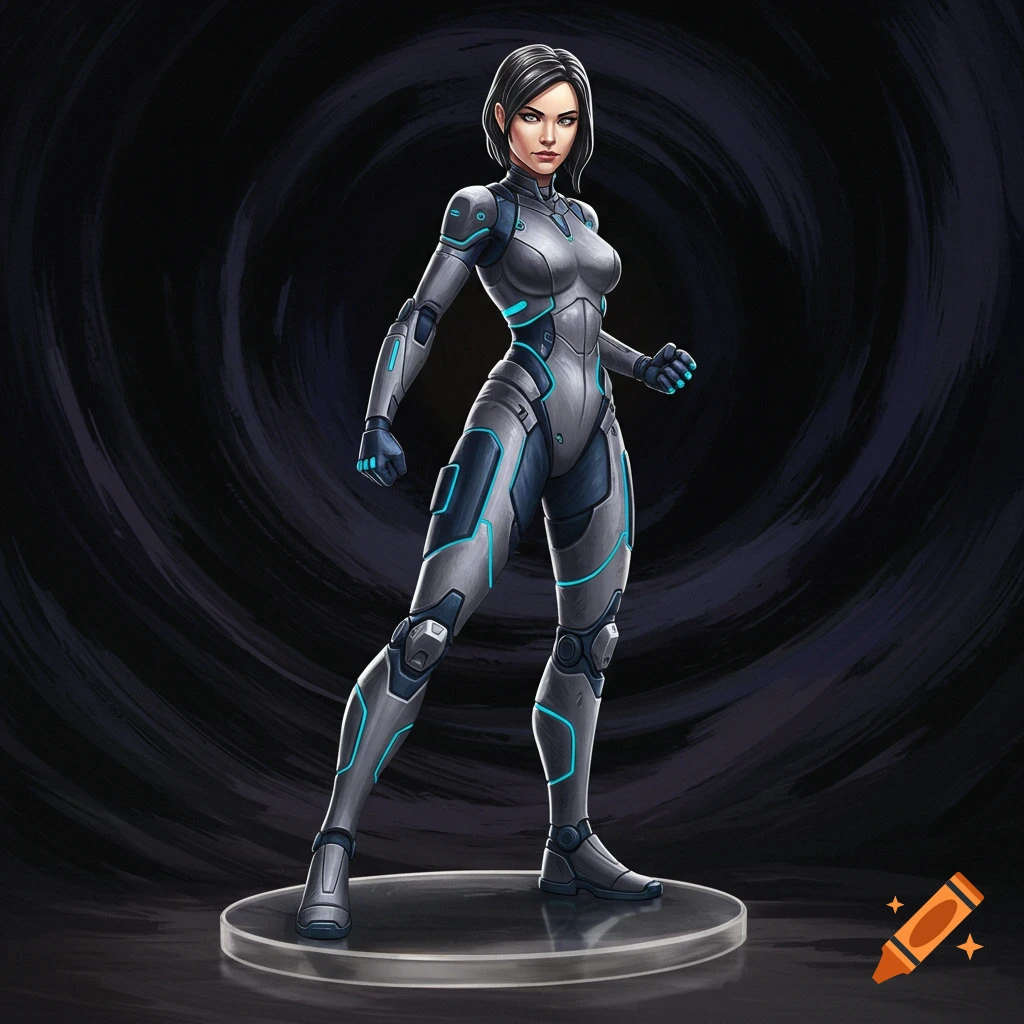 A woman in a futuristic gray and blue suit poses on a clear platform.