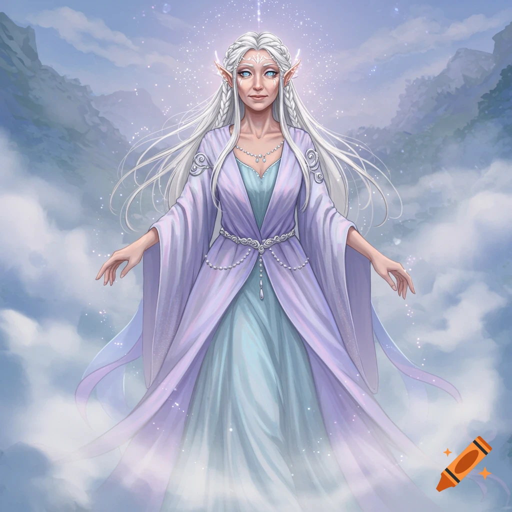 A magical older elven woman floats in clouds.