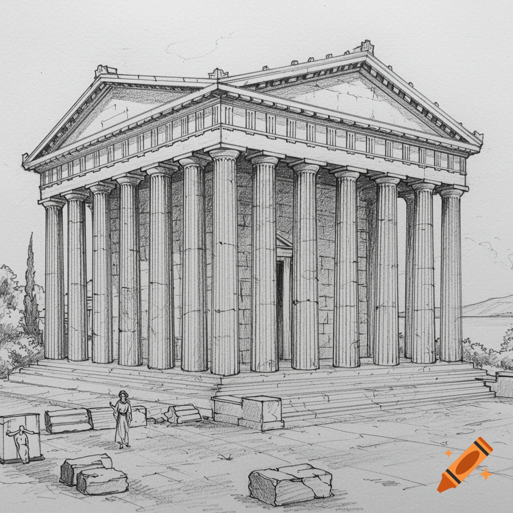 Pencil sketch of an ancient Greek temple with columns, steps, and a figure.
