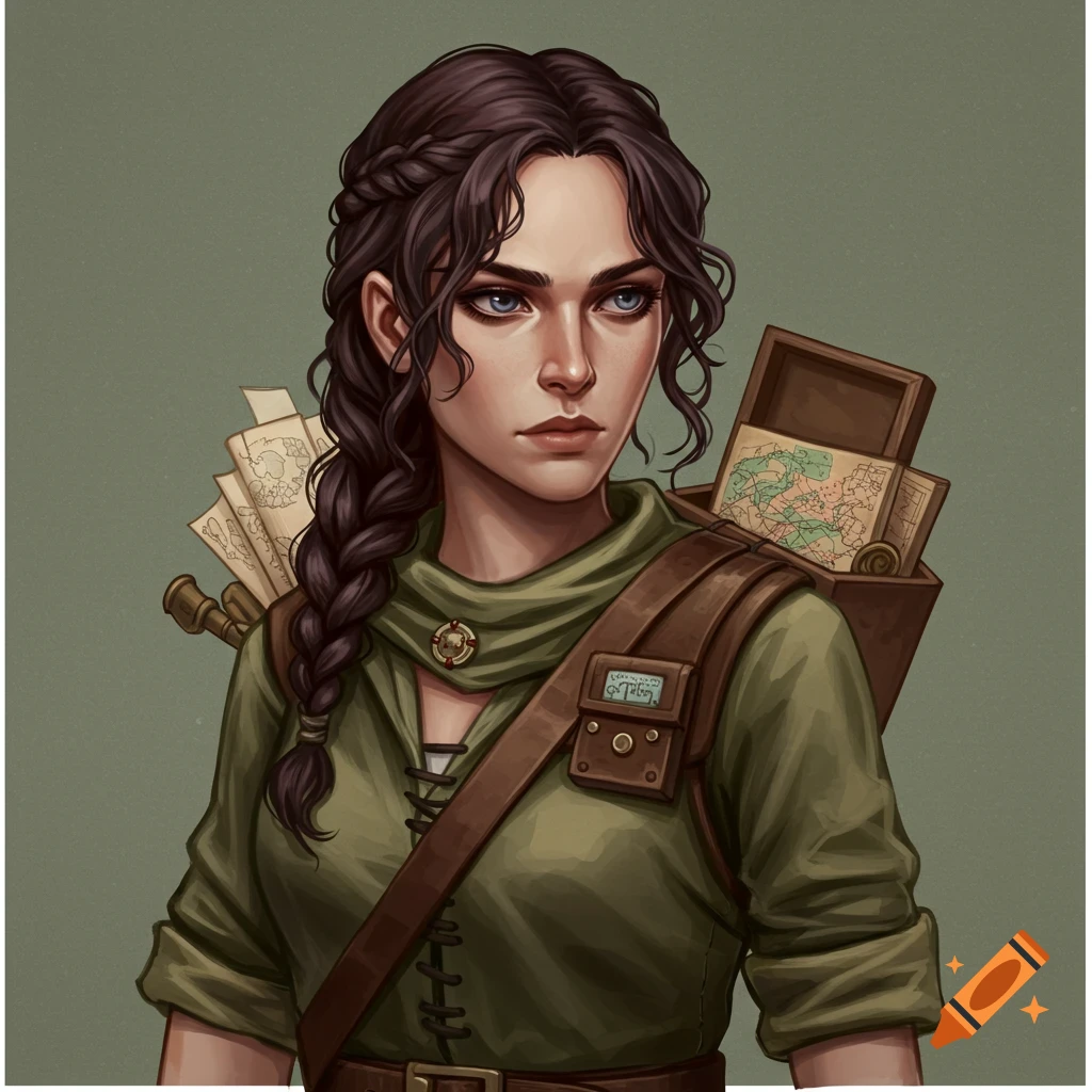 Portrait of a woman with a braid, blue eyes, wearing a green shirt and a bag with maps.