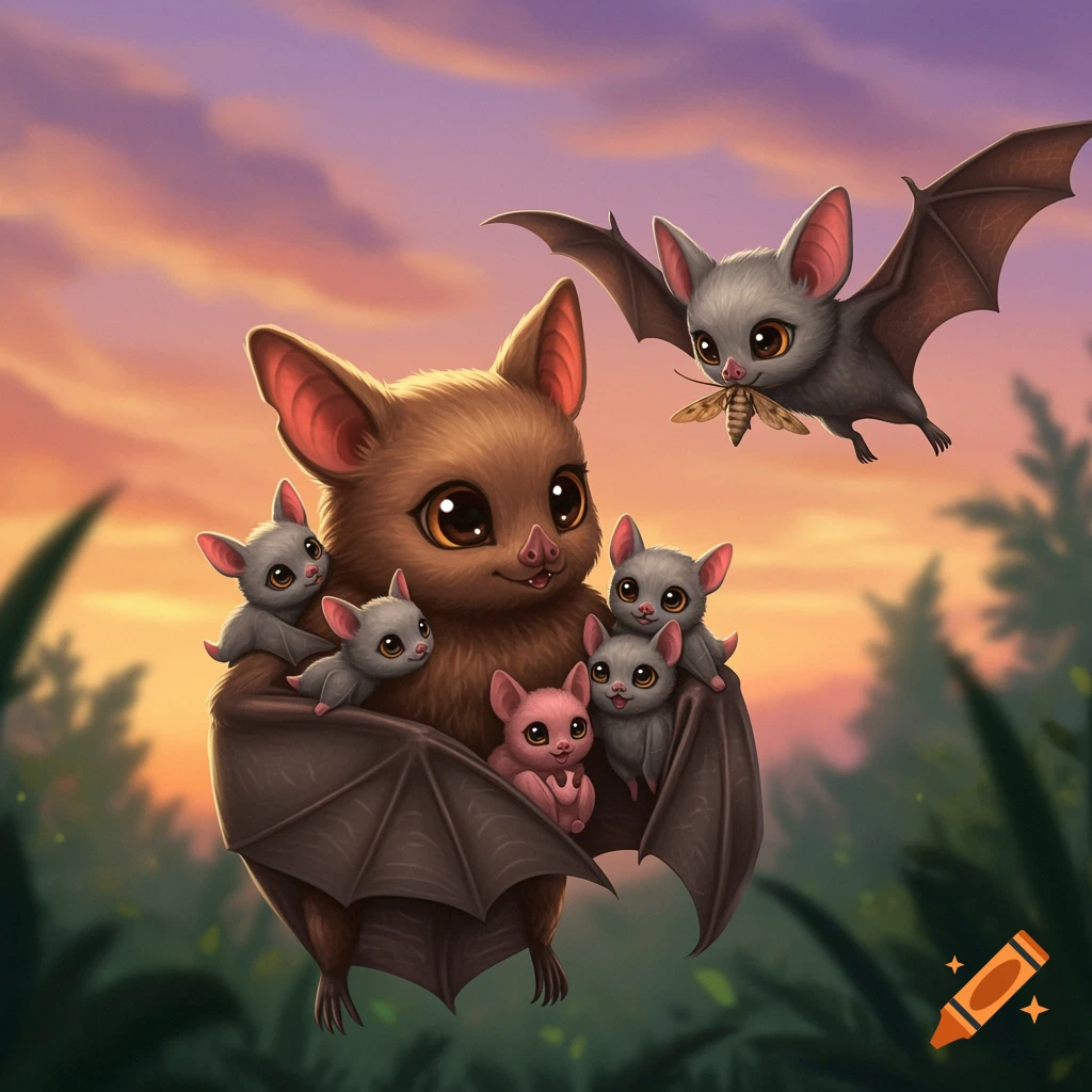 A cute bat family flying at sunset in a whimsical style.