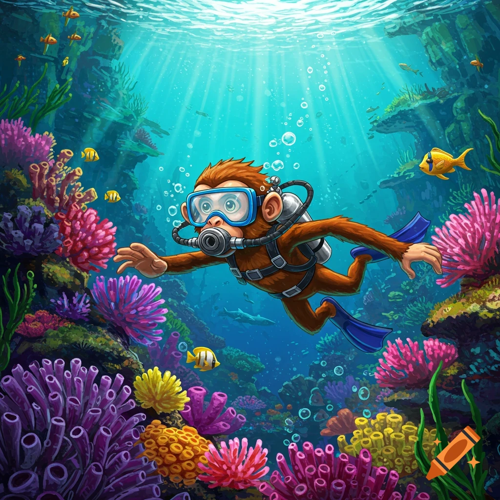 Cartoon monkey scuba diving in a colorful coral reef