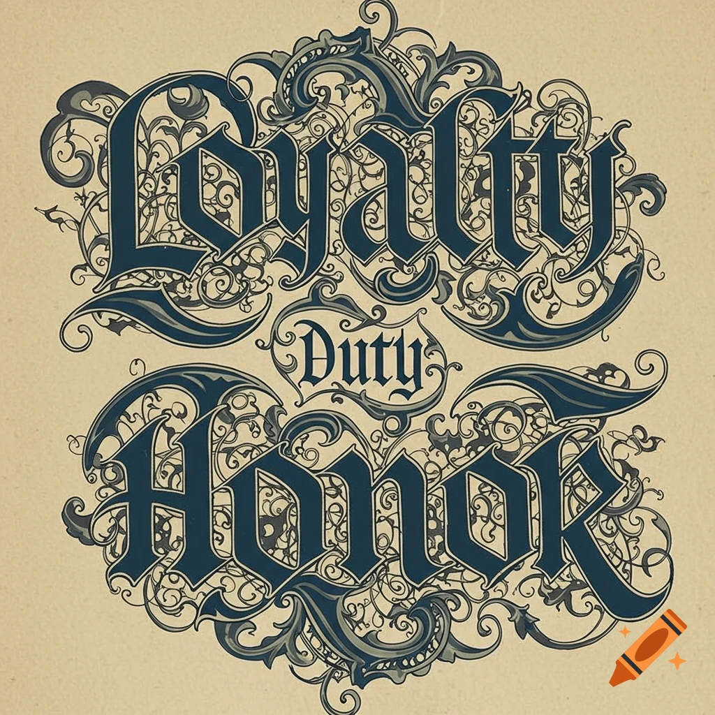 Ornate Gothic typography spells out Loyalty, Duty, and Honor with intricate flourishes on a beige background.