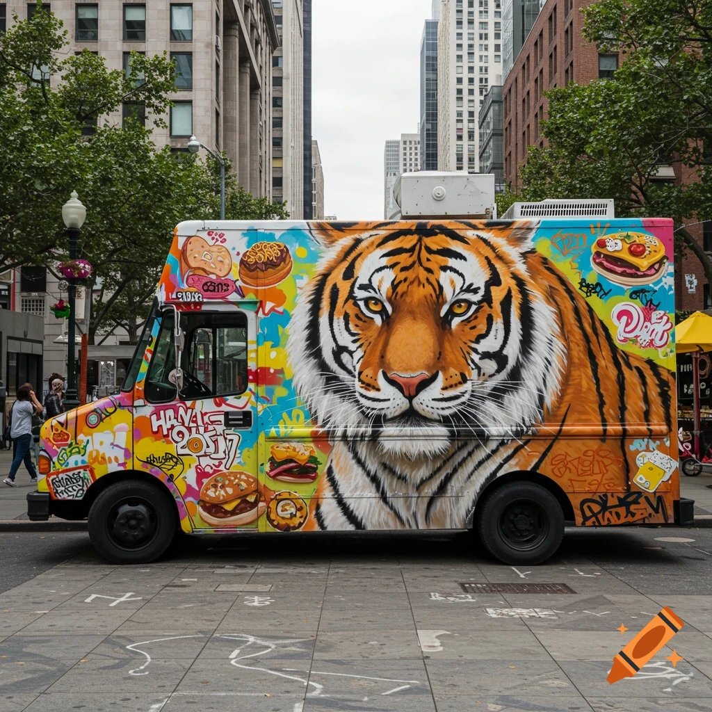Food truck painted with a large tiger face and food items, parked on an urban street.