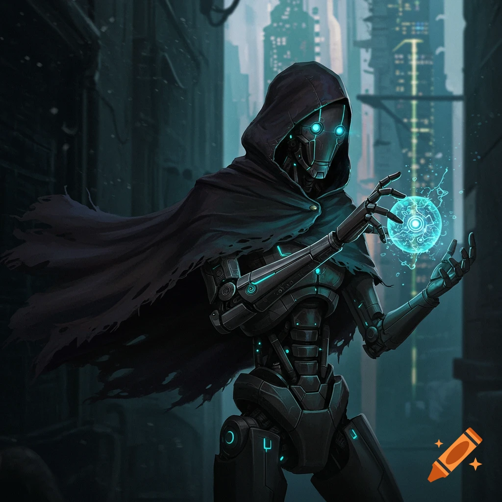A robot in a dark hooded cloak holds a glowing blue sphere in a sci-fi city alley.