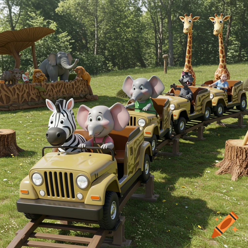 Cartoon animals and a child ride a safari-themed train on a track in a park setting.