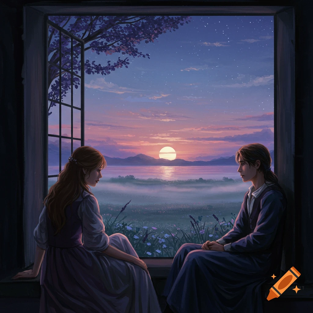Two people sit in a window, watching a sunset over a misty landscape.
