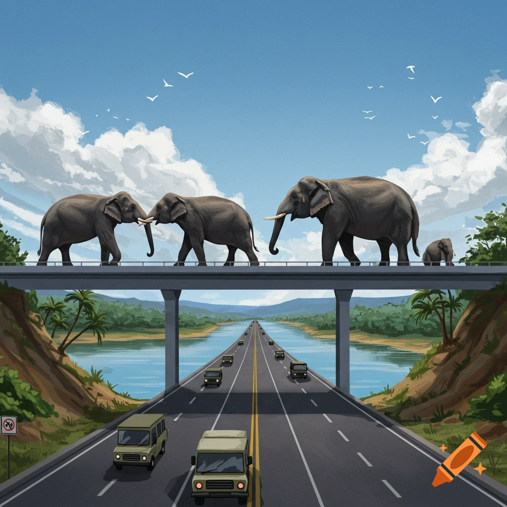 Elephants crossing a bridge above a highway with cars in a subtropical landscape.