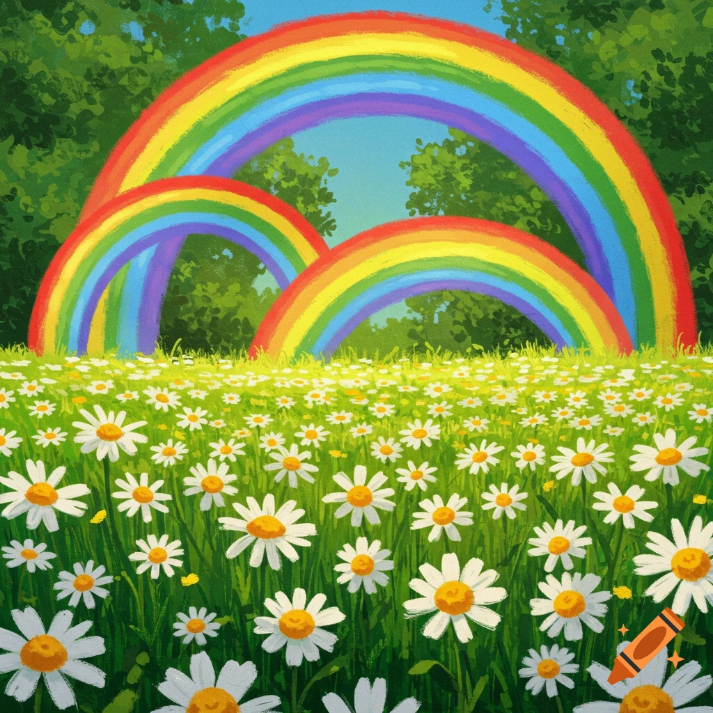 A field of white daisies under three rainbows in a sunny, green landscape.