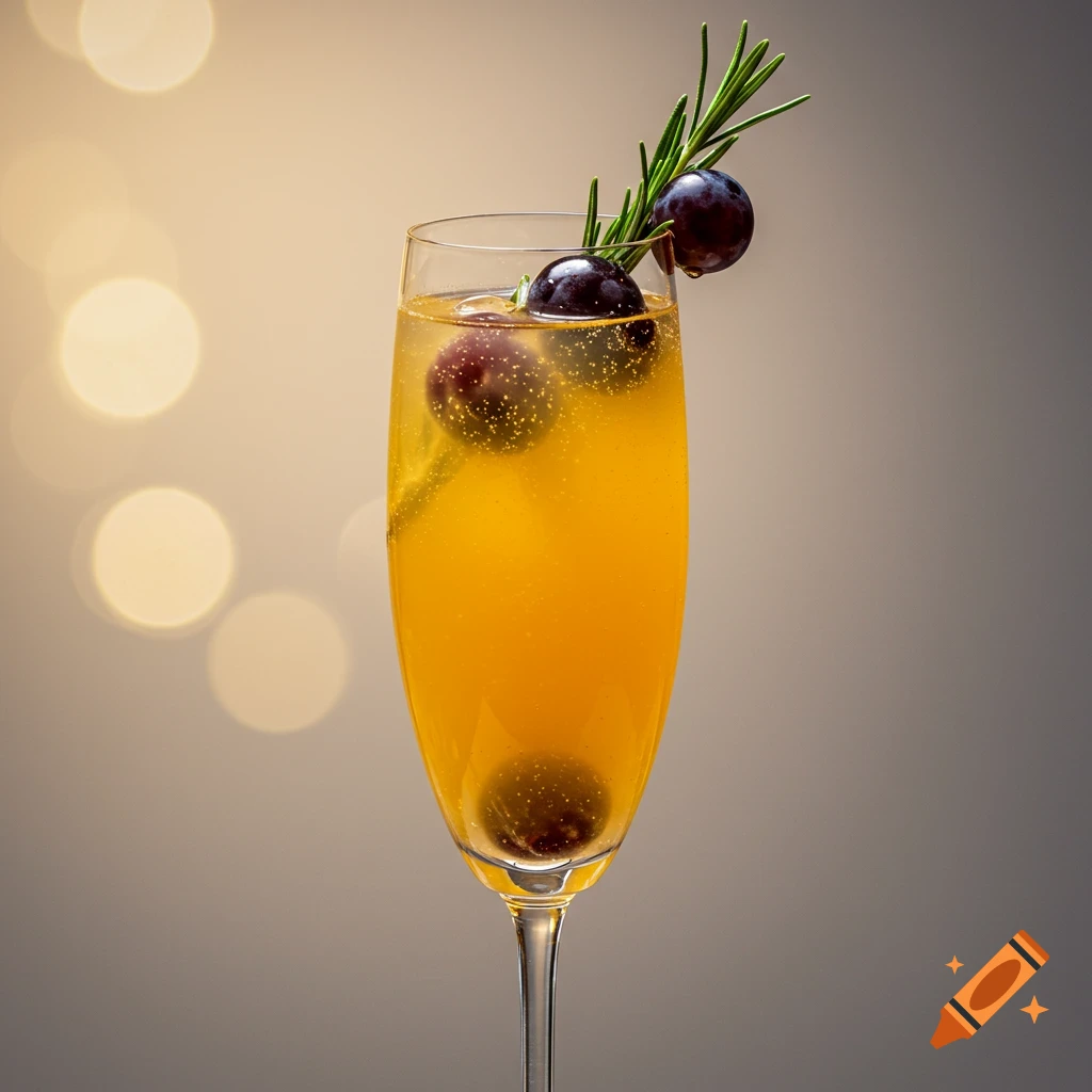 A cocktail in a champagne glass garnished with grapes and rosemary, against a bokeh background.