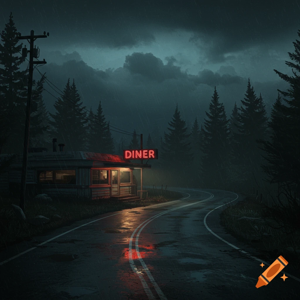 A rain-slicked road leads to a neon-lit diner beside a dark forest.