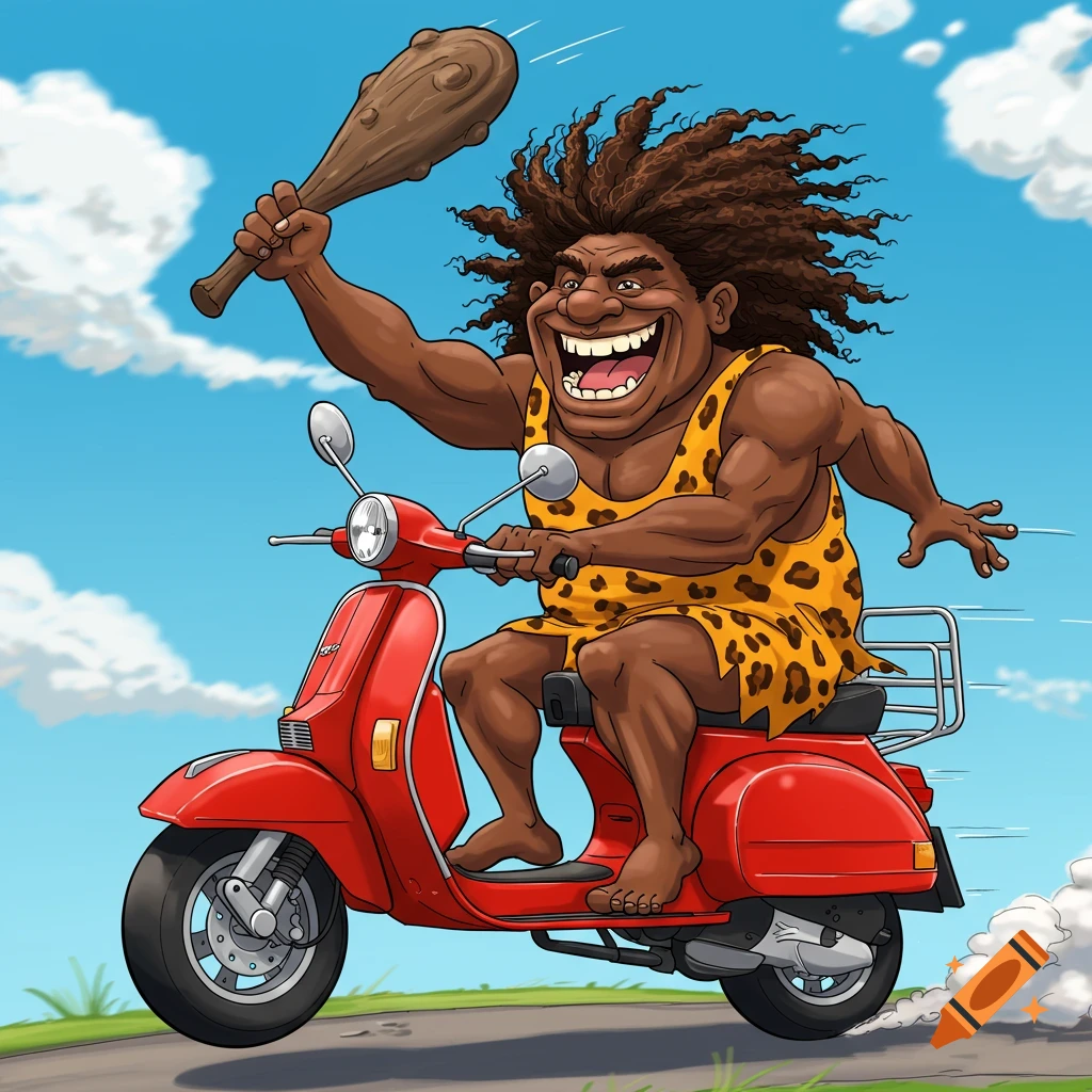 Cartoon of a smiling caveman riding a red scooter and holding a club.