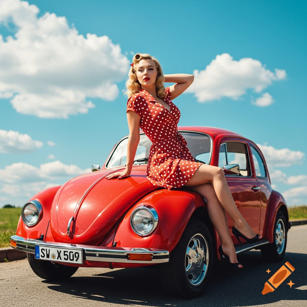 A pin-up style woman in a red dress sits on a vintage red Volkswagen Beetle under a sunny sky.