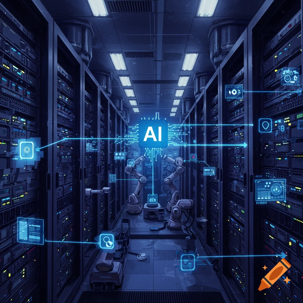 A futuristic server room with robotic arms, glowing data displays, and a central 'AI' text.