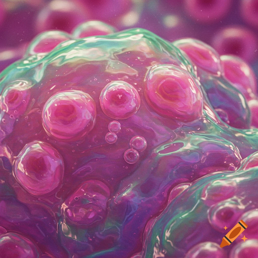 Abstract image of glossy purple and teal cellular forms with bubbles.