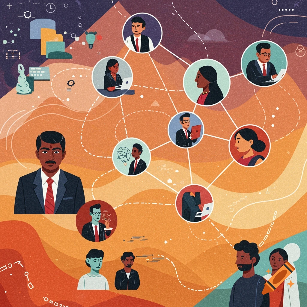 Digital illustration of diverse people connected by lines, representing a network or organization