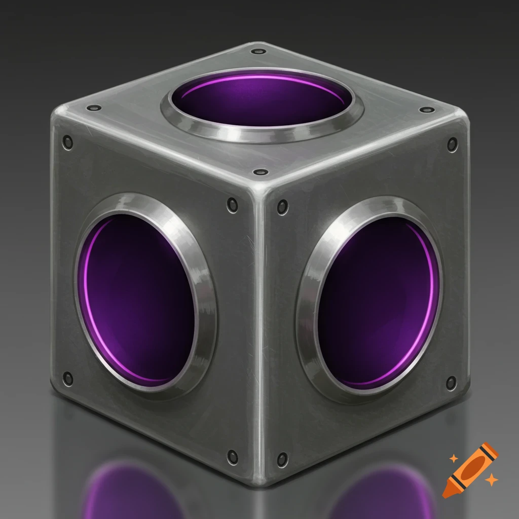A metallic cube with glowing purple openings on its sides.