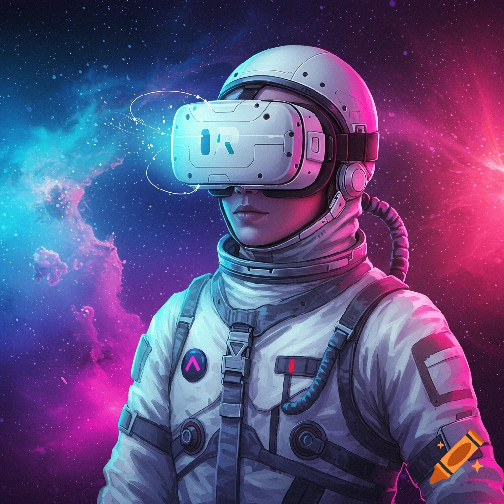 An astronaut wearing a VR headset in space