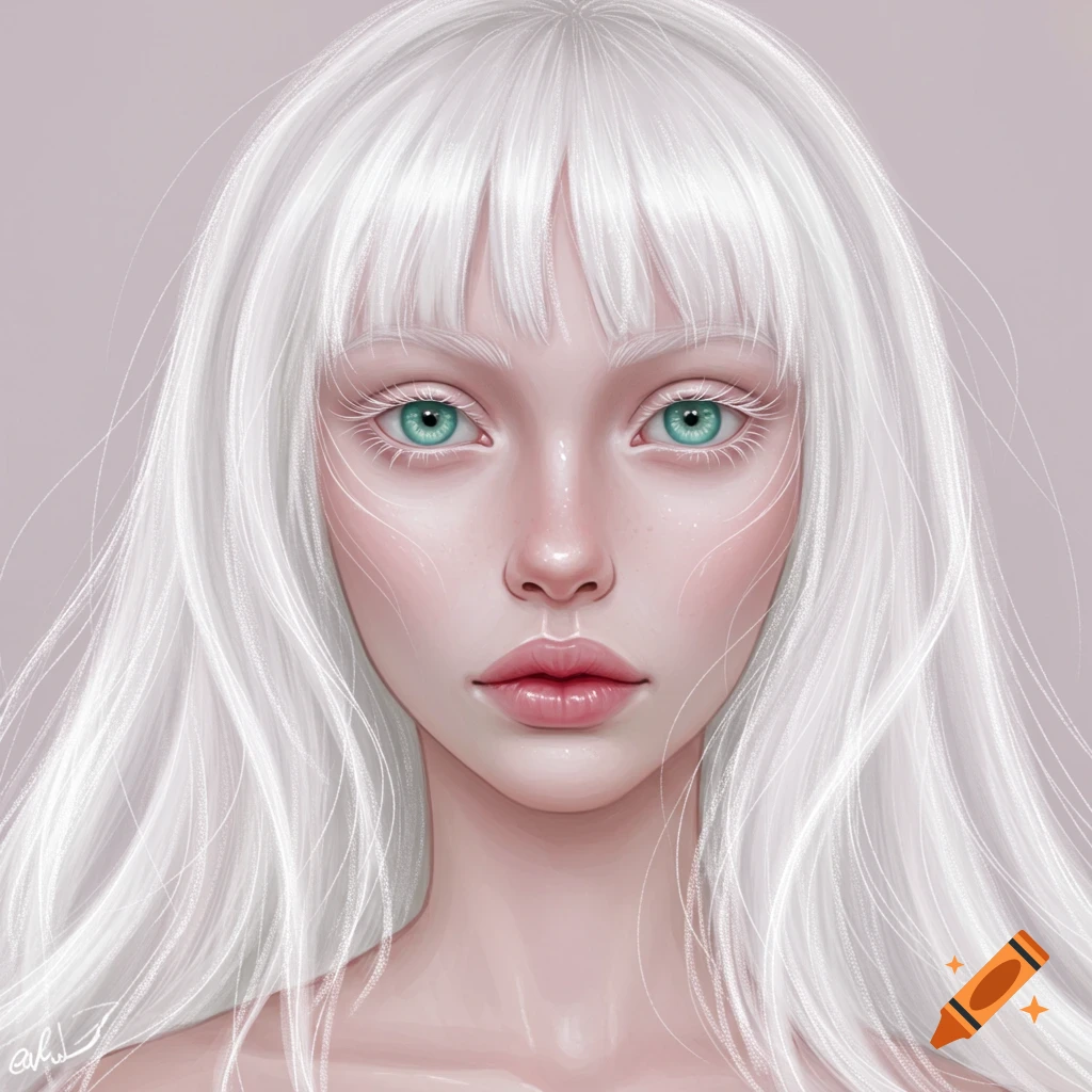 A close-up portrait of a person with long white hair, pale skin, and striking teal eyes.