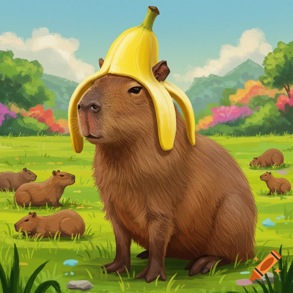 A large capybara wears a banana peel hat in a grassy field with other capybaras.