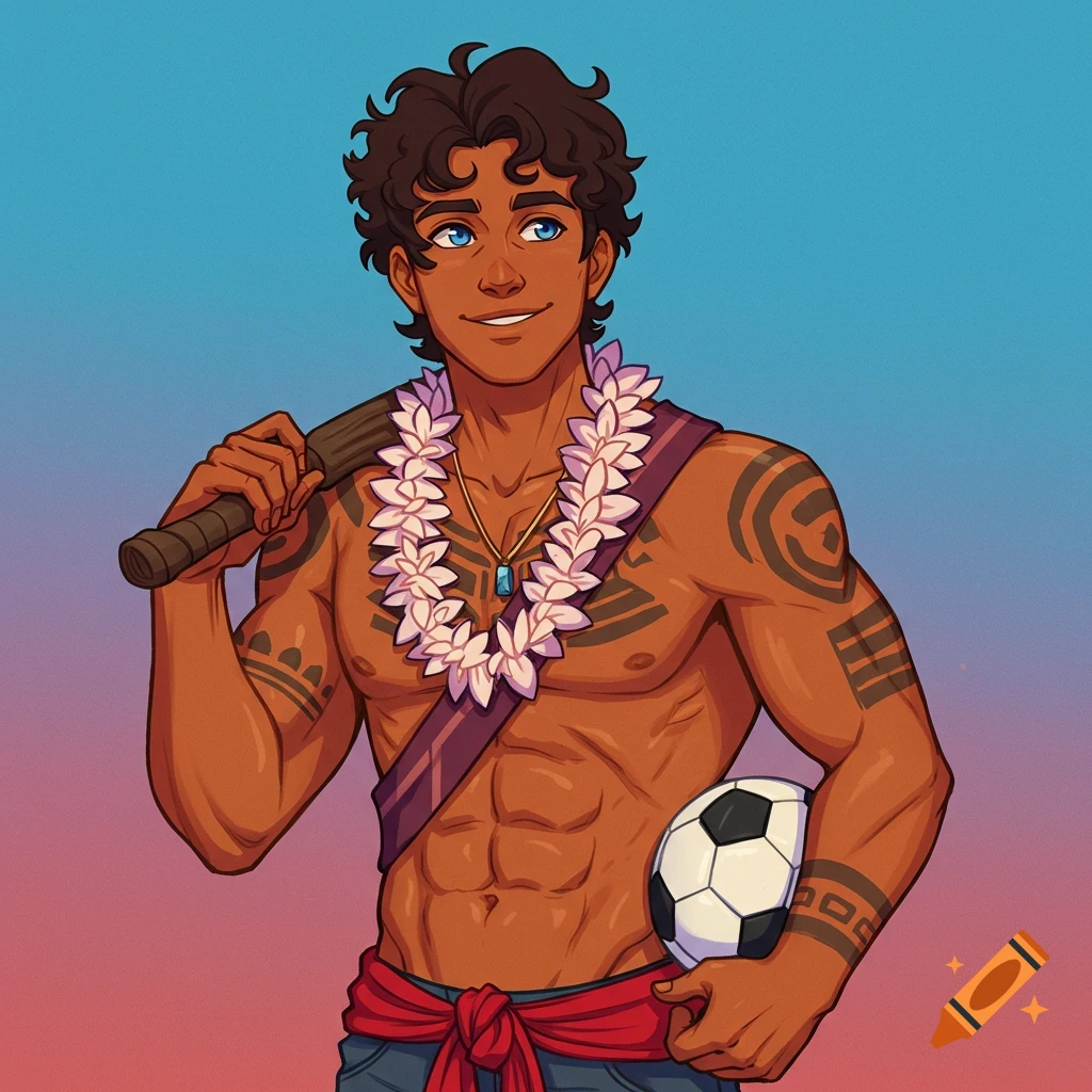 Illustration of a young man with tattoos, wearing a lei and sash, holding a club and a soccer ball.